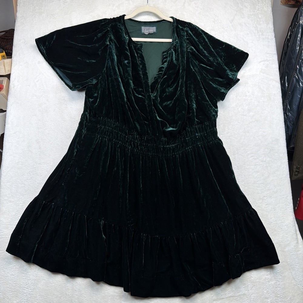 Anthropologie Women's 2X Green Velvet Mini Dress Smocked Waist Holiday Party